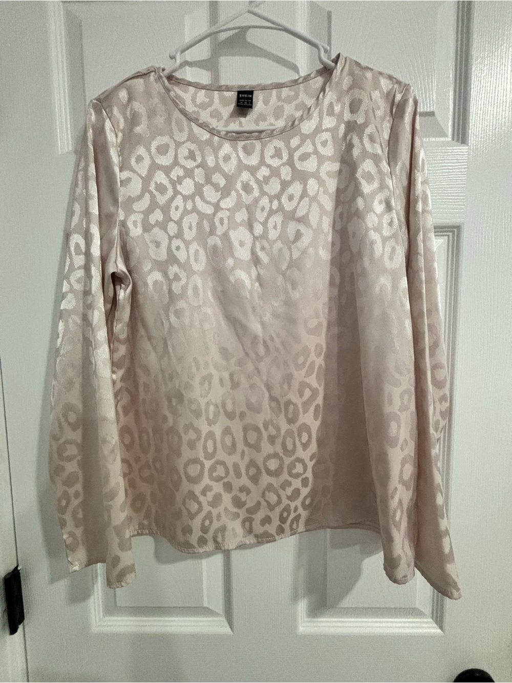 SHEIN Satin Leopard Jacquard Long Sleeve Blouse in Blush